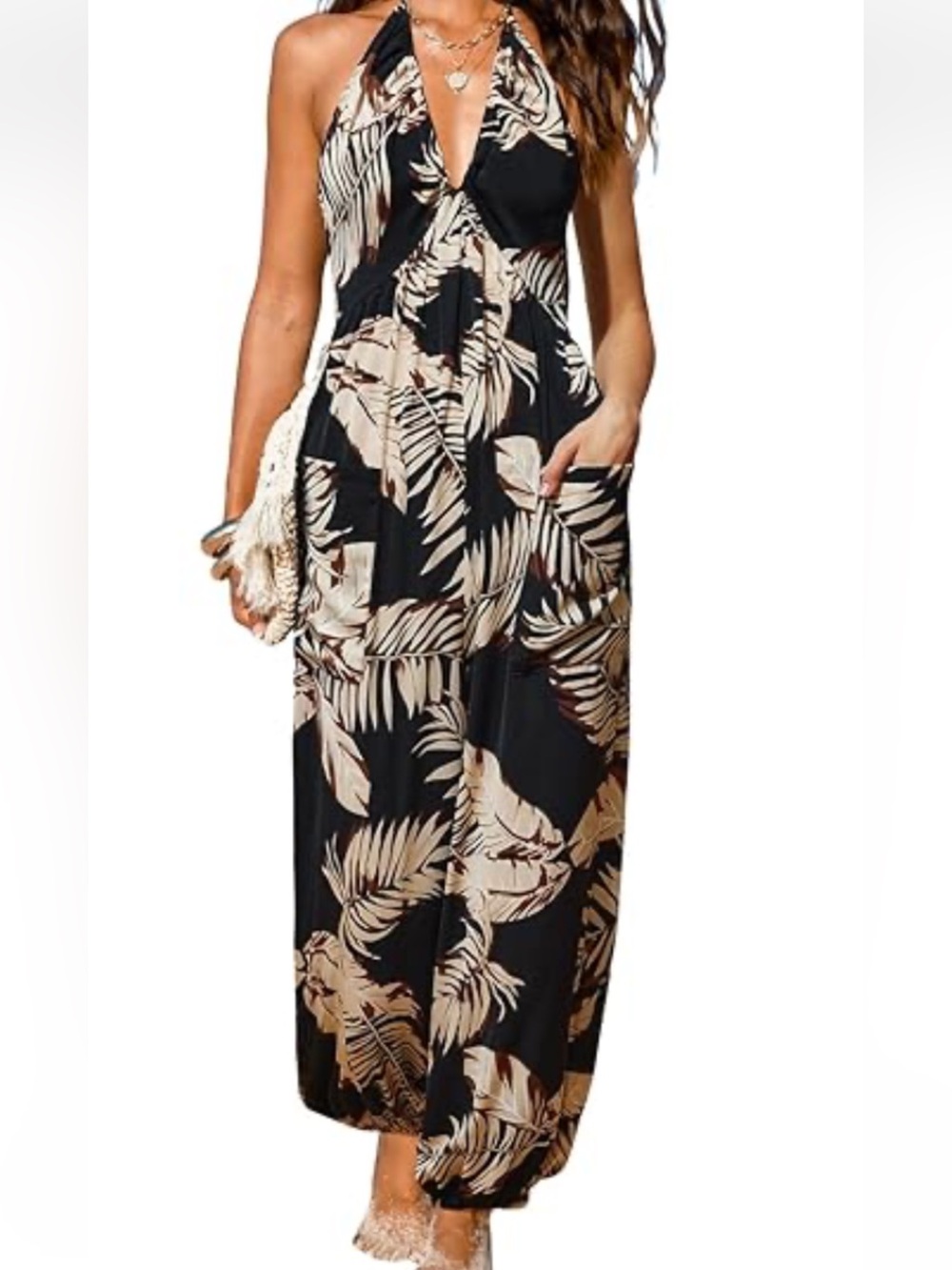 Nwt Cupshe Women's Black Jumpsuit Size S V Neck Pockets Tropical Cream Leaves